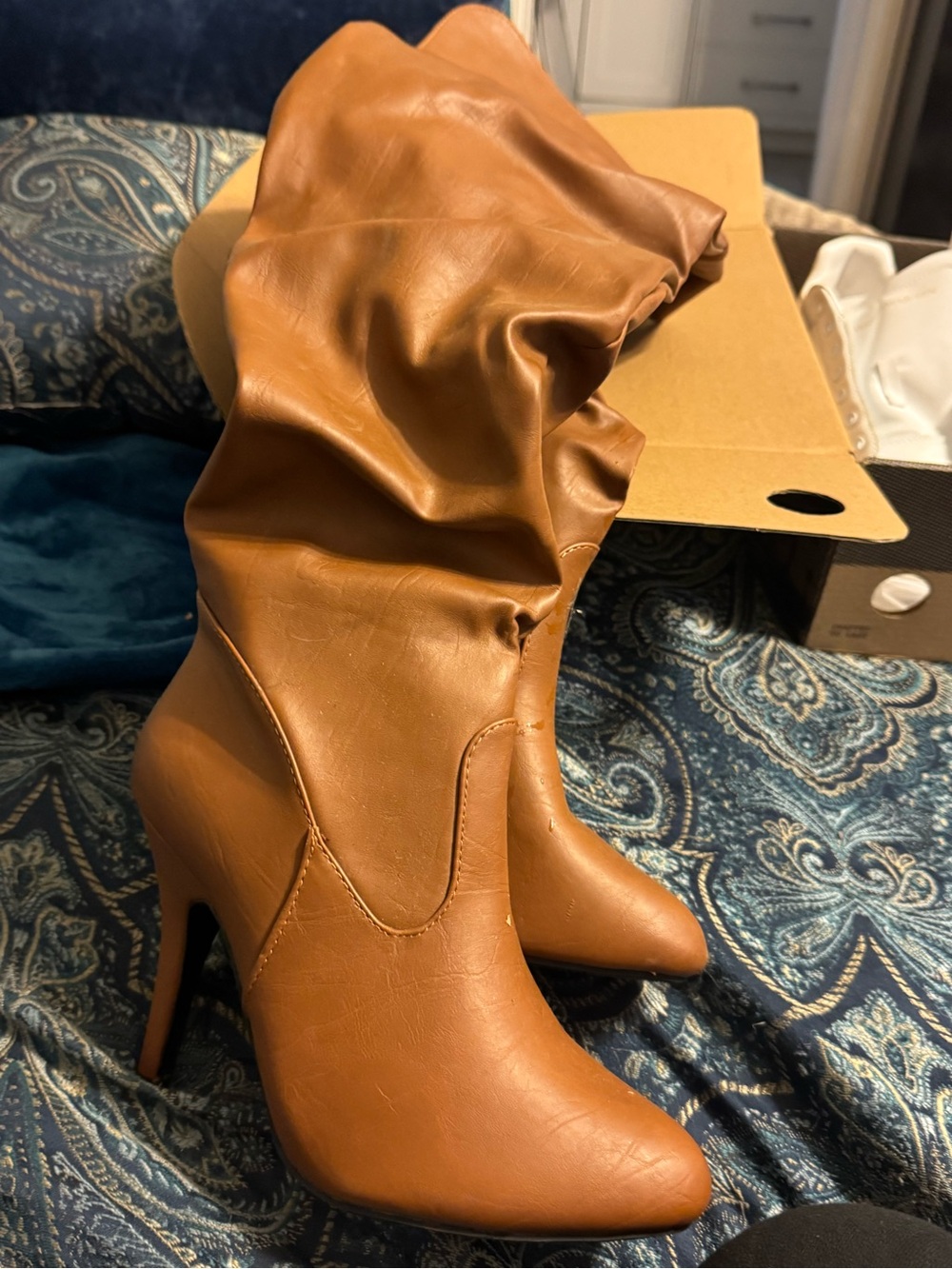 Women's Tan Slouch High-Heel Boots